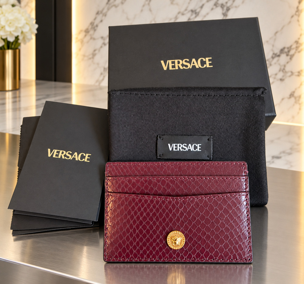 Versace Medusa Leather Card Holder Burgundy NWT Snake-Effect Full Set